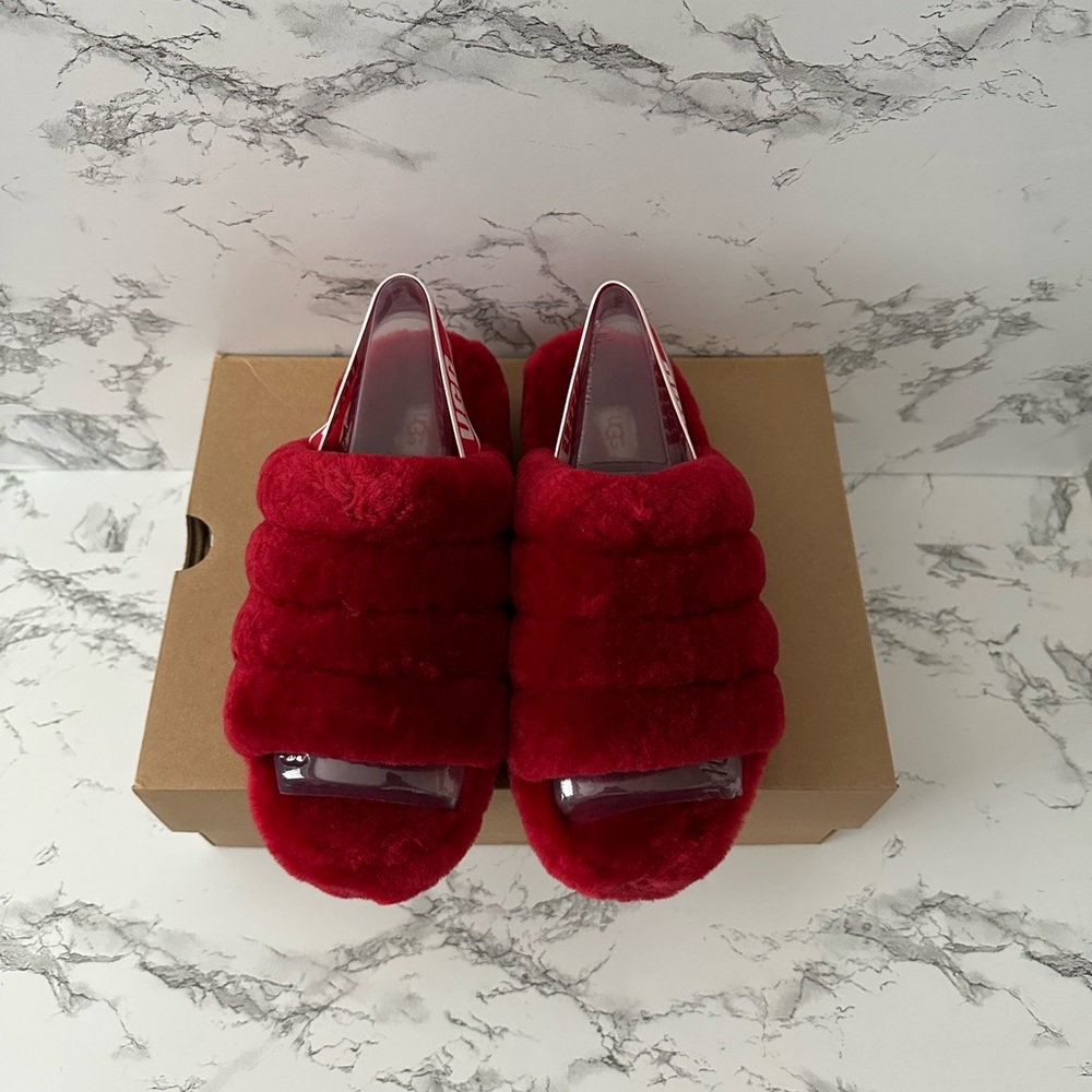 UGG Fluff Yeah Red Slingback Slippers Slides - Picture 4 of 8